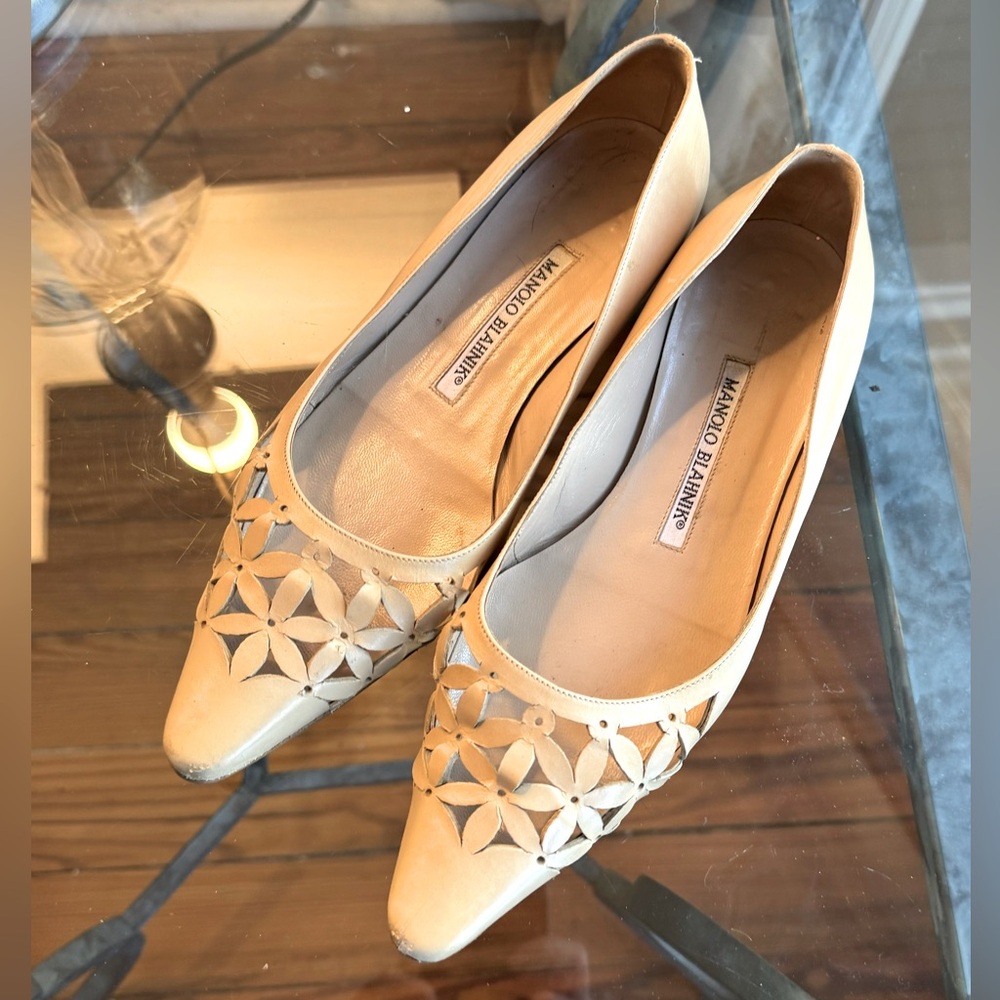 Manolo Blahnik vanilla cream flats with floral cut-outs